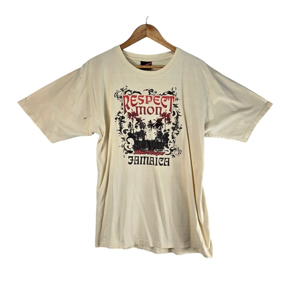 Red Stripe T-Shirt Beige XL Jamaica -Respect Mon- Vaca Casual Vtg Short Sleeve - Picture 2 of 15